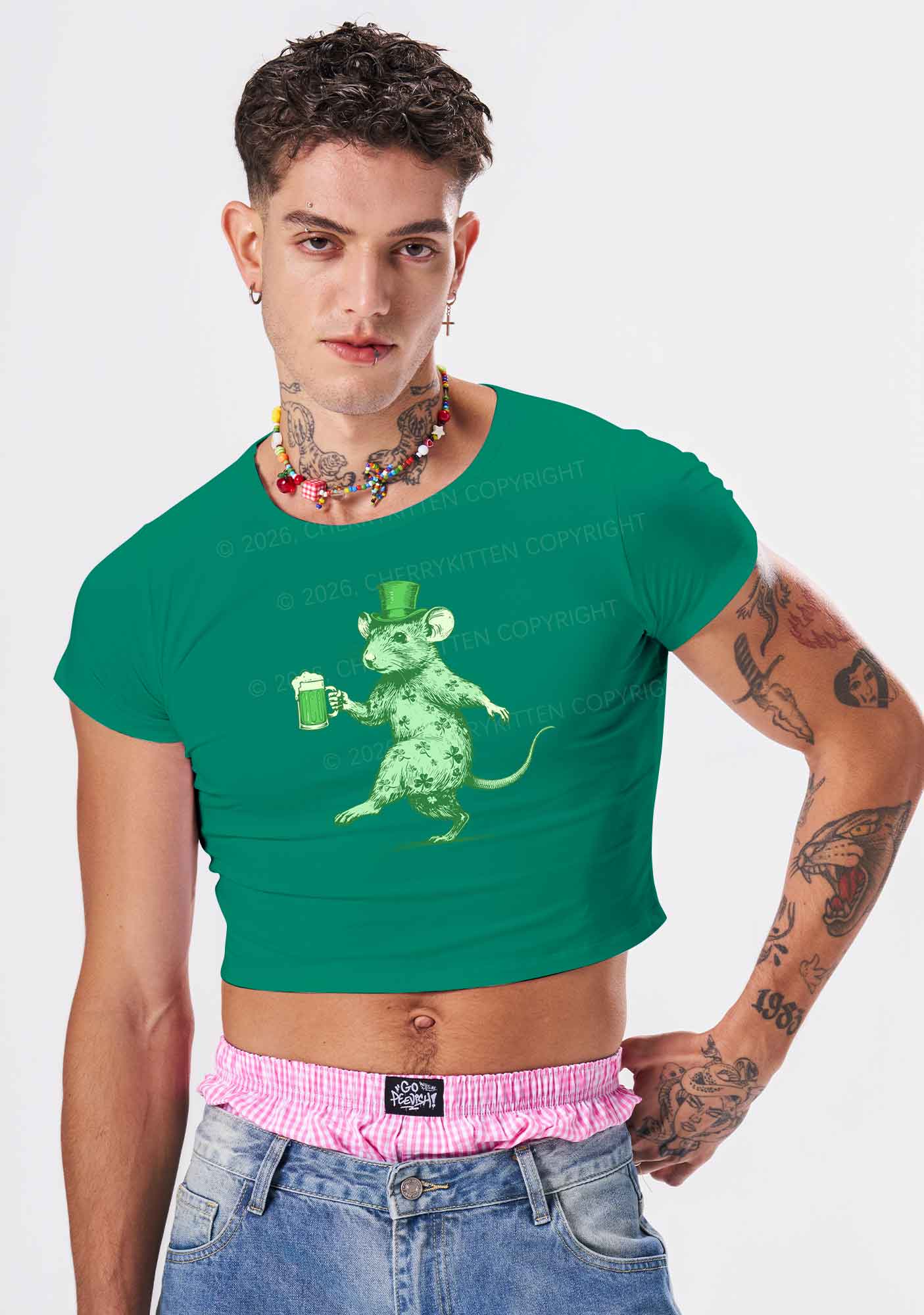 Green Drunk Rat St Patricks Y2K Baby Tee Cherrykitten