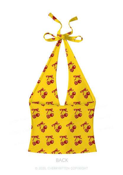 Yellow Bite Me Y2K Print Halter Deep V Neck Cami Cherrykitten