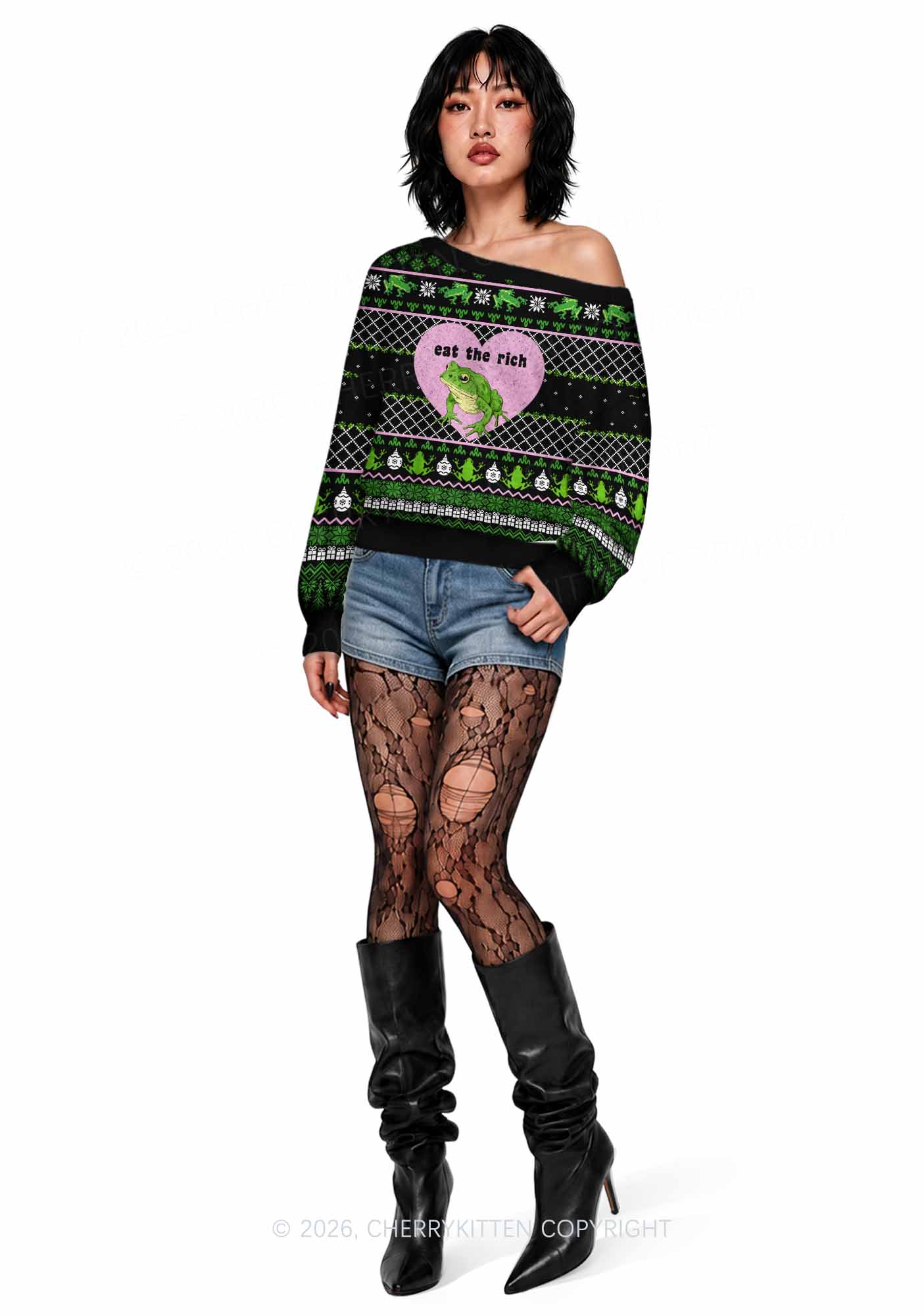 Eat The Rich Frog Y2K Off Shoulder Knit Sweatshirt Cherrykitten