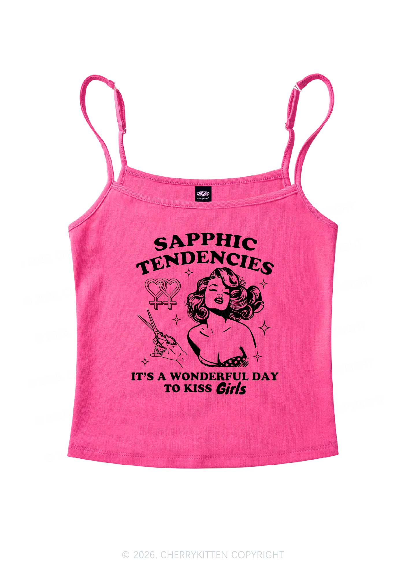 Sapphic Tendencies Kiss Girls Pride Y2K Spaghetti Strap Cami Cherrykitten