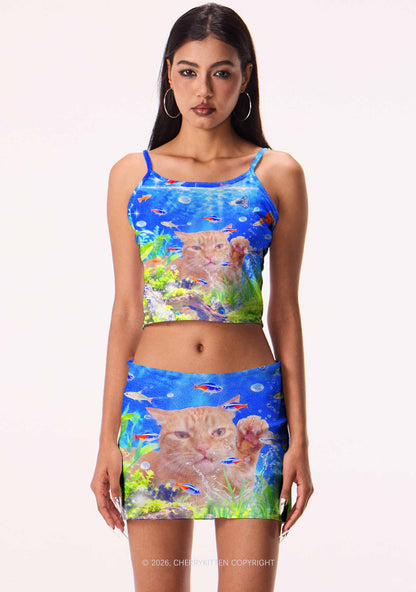Cat Inside Aquarium Y2K Print Mini Skirt Cherrykitten