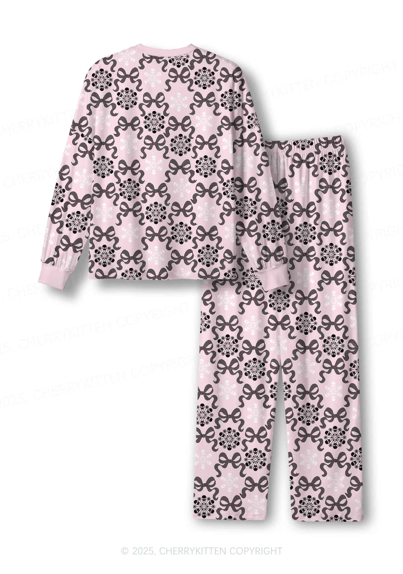 Christmas Bow Skull Snowflakes Y2K Print Long Sleeve Pajama Set Cherrykitten