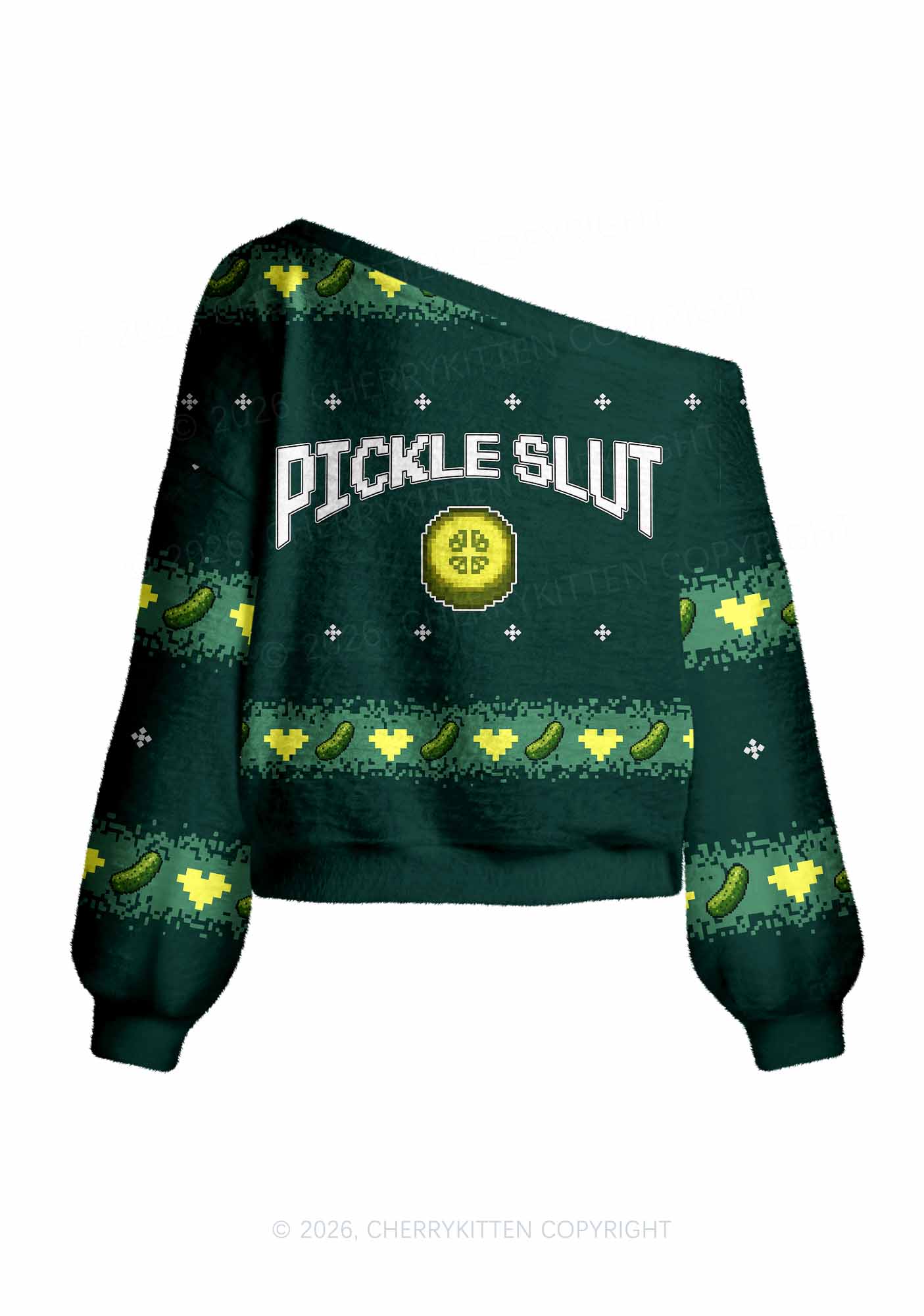 Green Pickle Slxt Y2K Off Shoulder Knit Sweatshirt Cherrykitten