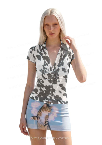 Black And White Cow Dots Y2K Mesh Ruched Waist V Neck Top Cherrykitten
