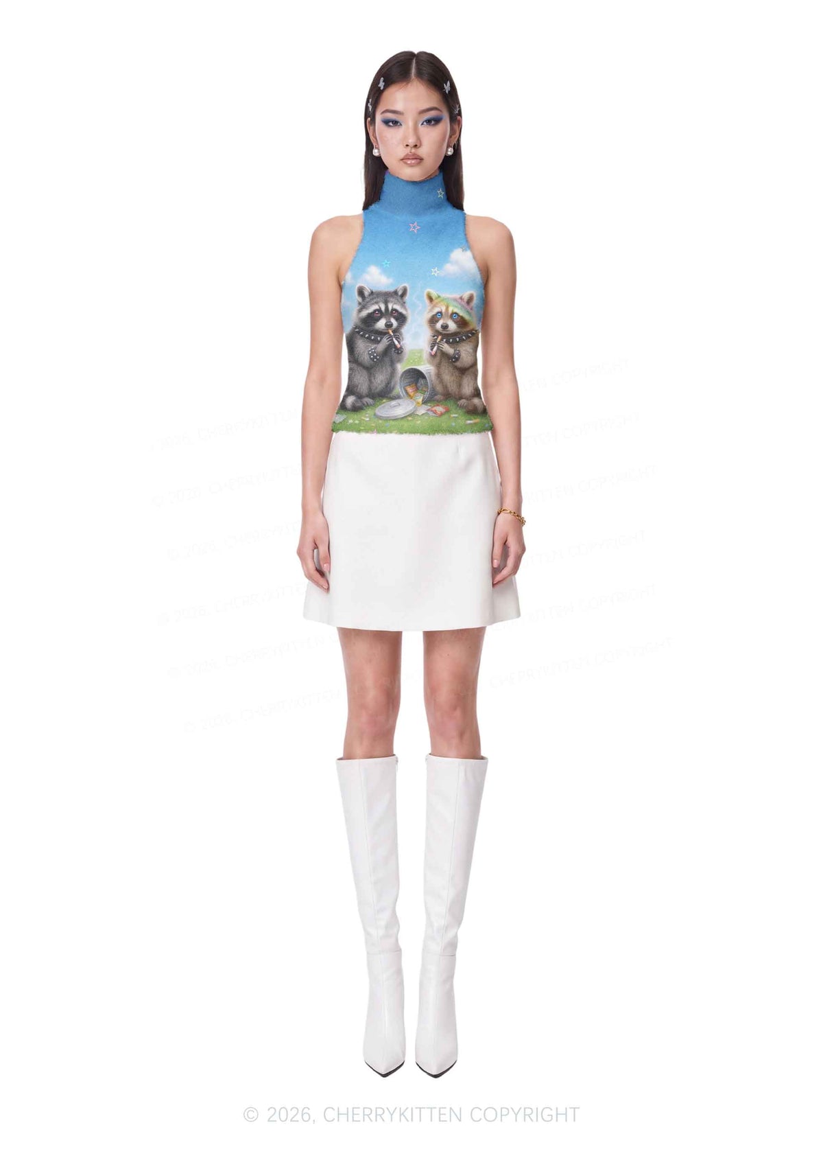 Two Punk Raccoons Smoking Y2K Knit Turtleneck Tank Top Cherrykitten