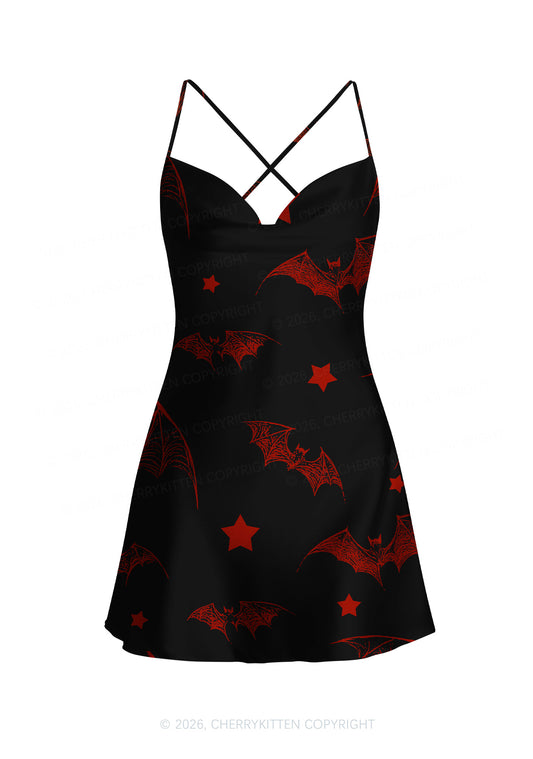 Bat And Star Y2K Print Satin Cowl Neck Slip Dress Cherrykitten