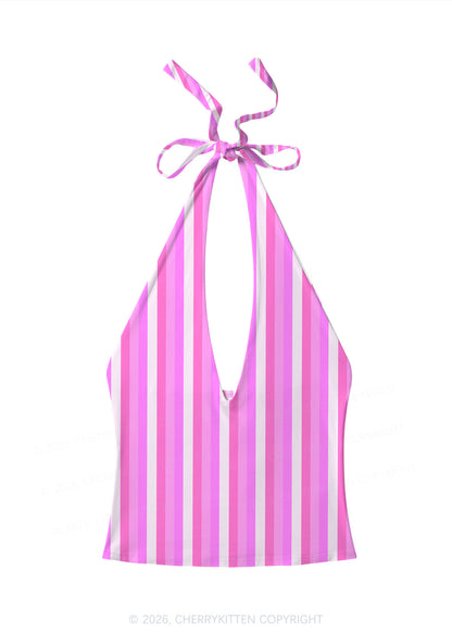 Pink Vertical Stripe Y2K Print Halter Deep V Neck Cami Cherrykitten