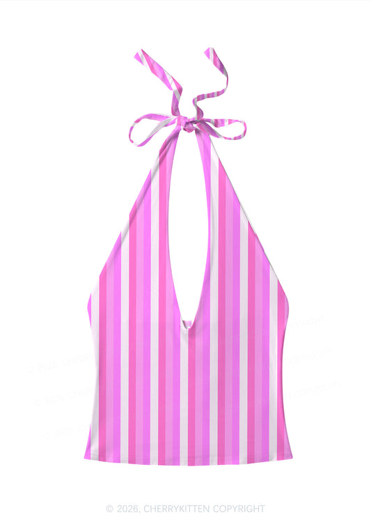 Pink Vertical Stripe Y2K Print Halter Deep V Neck Cami Cherrykitten