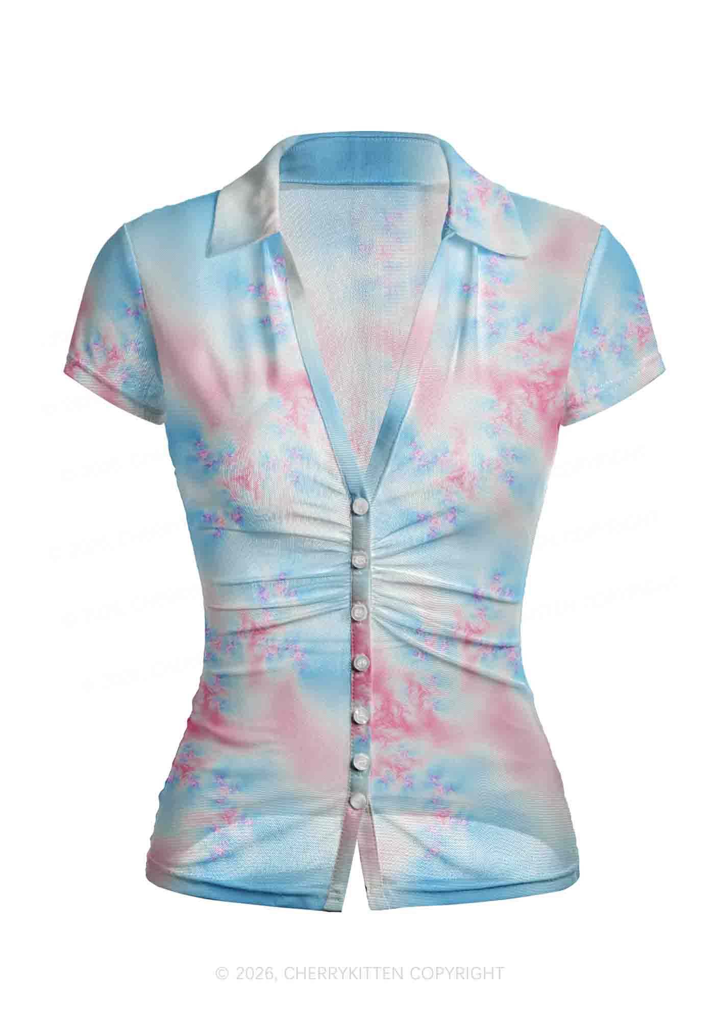Trans Thermal Pride Y2K Mesh Ruched  Waist  V Neck Top Cherrykitten