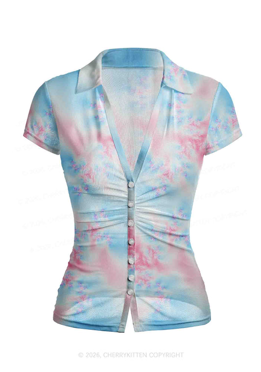 Trans Thermal Pride Y2K Mesh Ruched  Waist  V Neck Top Cherrykitten