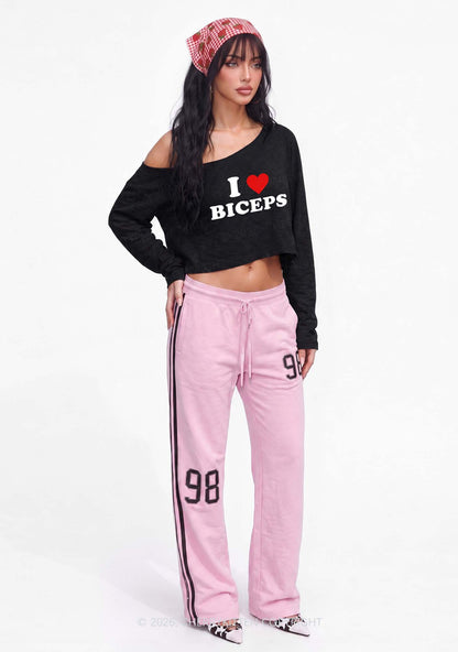 I Love Biceps Y2K Off Shoulder Long Sleeve Crop Top Cherrykitten