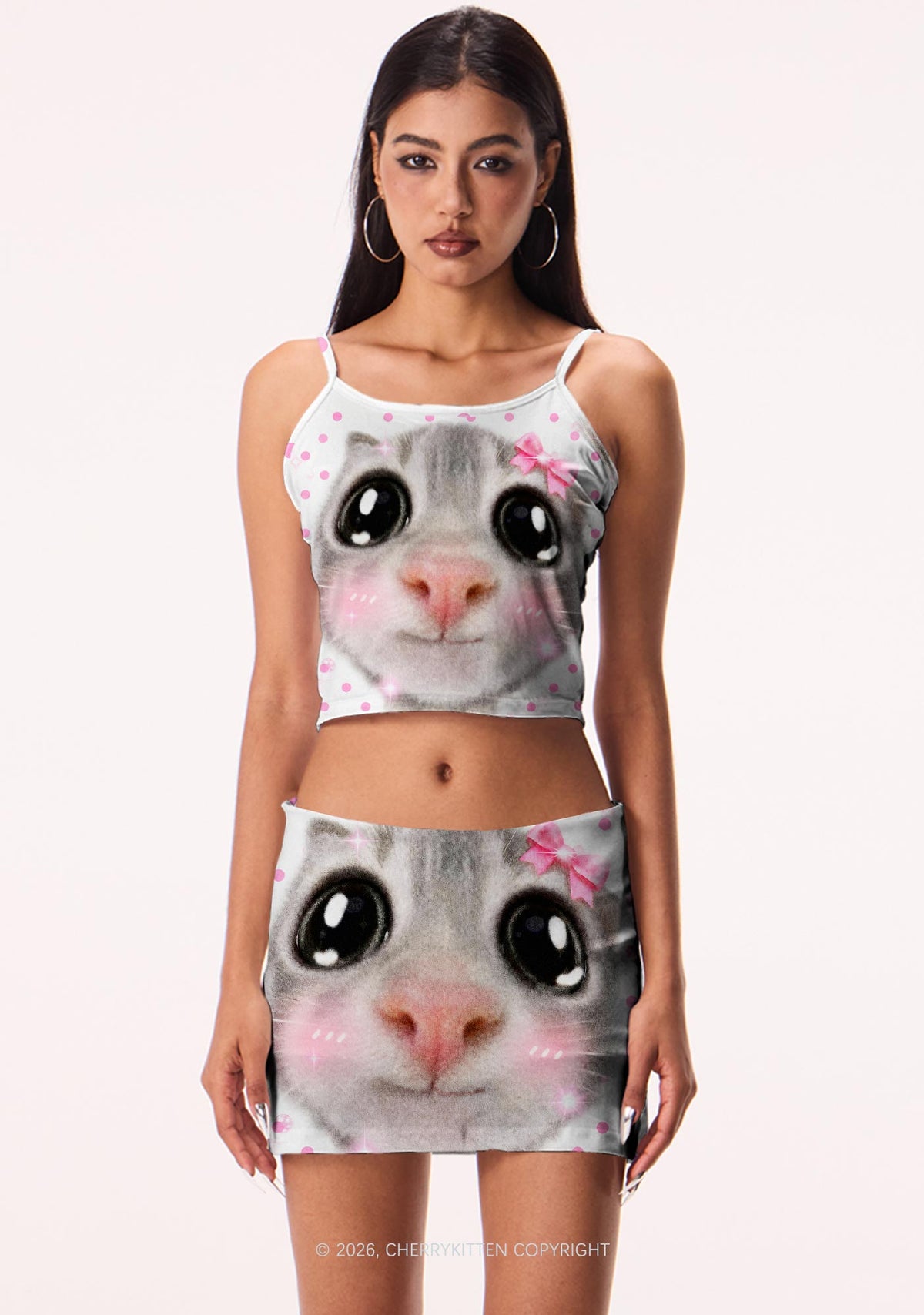 Pink Dots Bow Cat Y2K Print Mini Skirt Cherrykitten