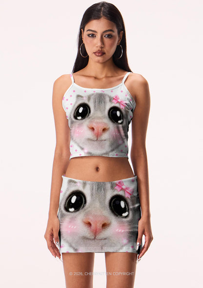 Pink Dots Bow Cat Y2K Print Mini Skirt Cherrykitten