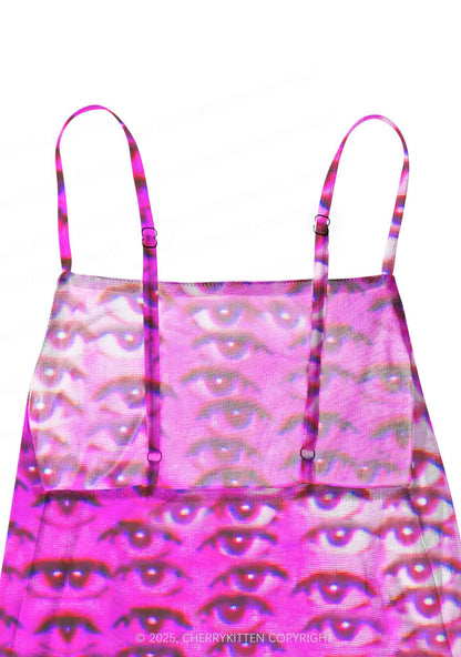 Halloween Pink Eyes Y2K Mesh Slip Dress Cherrykitten