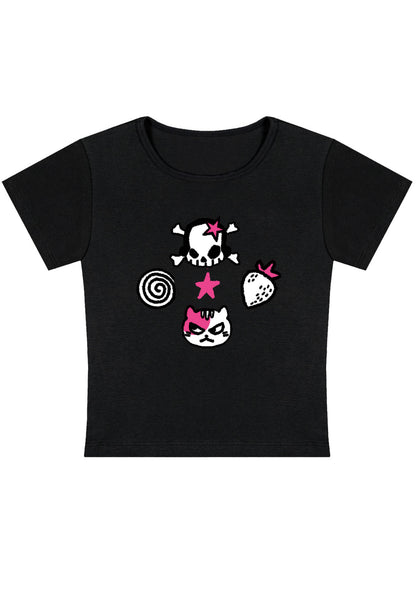 Curvy Skull Strawberry Cat Stars Baby Tee