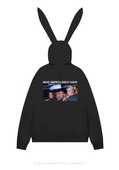 Make America Great Again Y2K Bunny Ear Zip Hoodie Cherrykitten