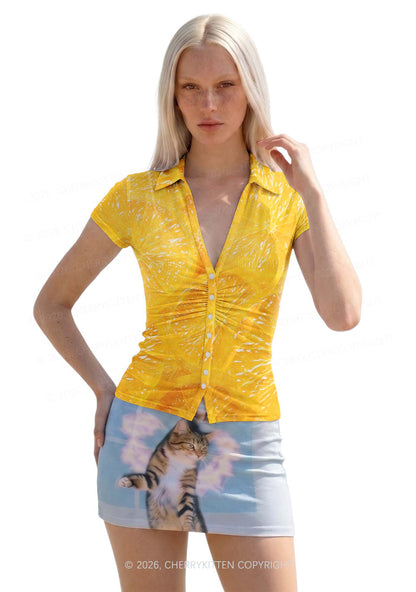 Orange Slice Y2K Mesh Ruched? Waist??V Neck?Top Cherrykitten