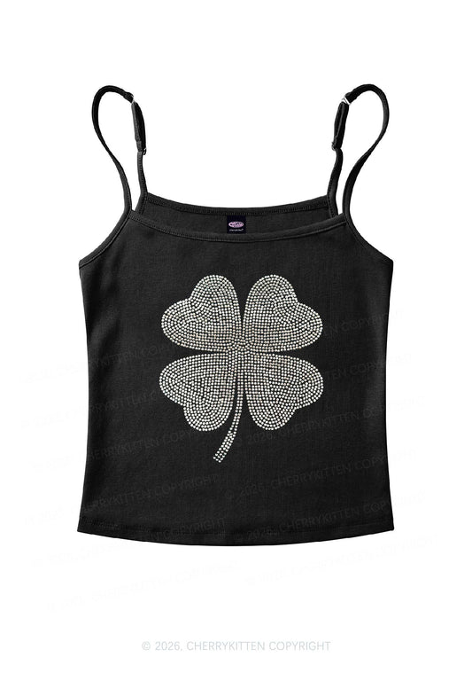 Rhinestone Four Leaf Clover St Patricks Y2K Spaghetti Strap Cami Cherrykitten