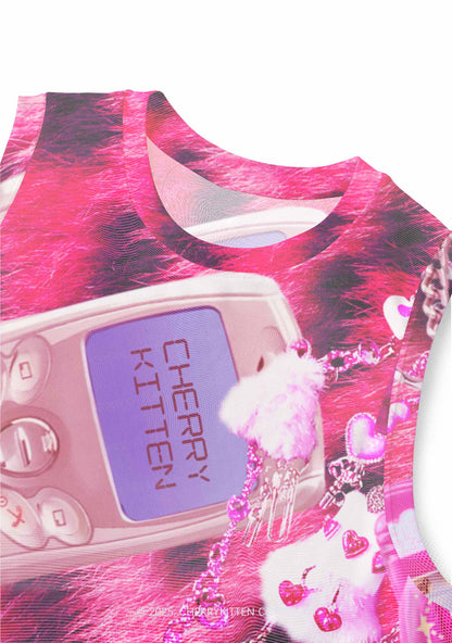 Pink Plush Phone Y2K Mesh Muscle Tank Cherrykitten