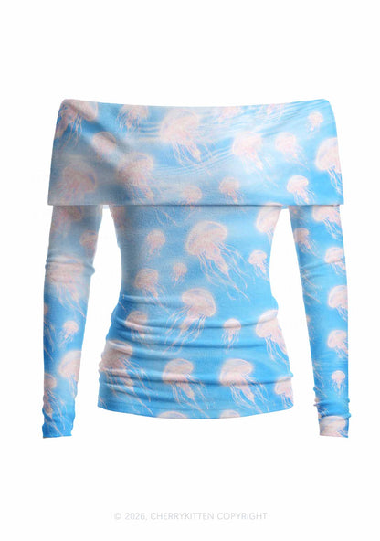 Pink Jellyfish Underwater Y2K Off Shoulder Fold Over Knit Top Cherrykitten
