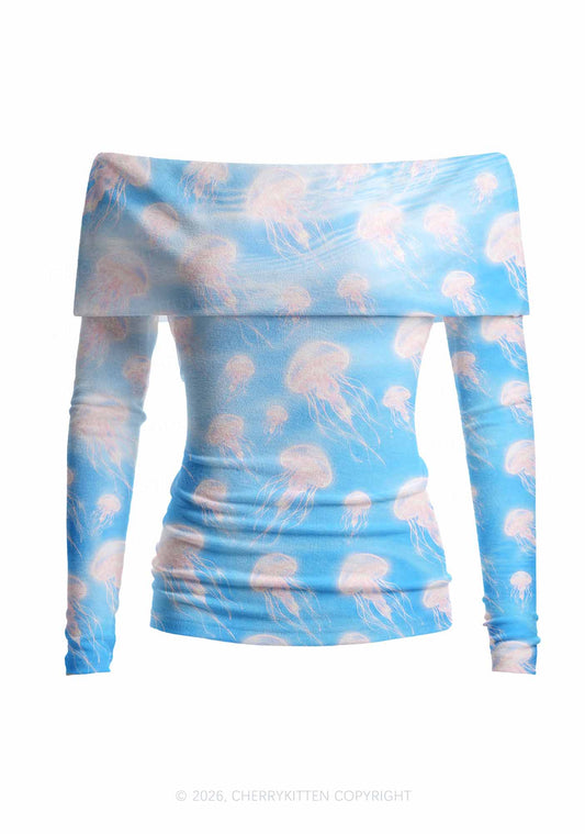 Pink Jellyfish Underwater Y2K Off Shoulder Fold Over Knit Top Cherrykitten