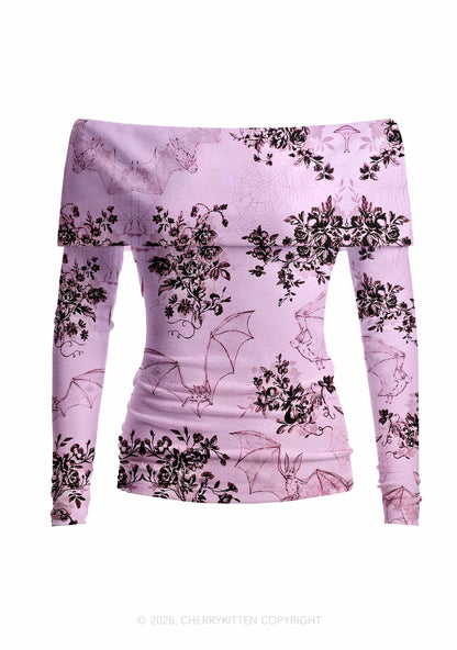 Pink Bat Y2K Off Shoulder Fold Over Knit Top Cherrykitten