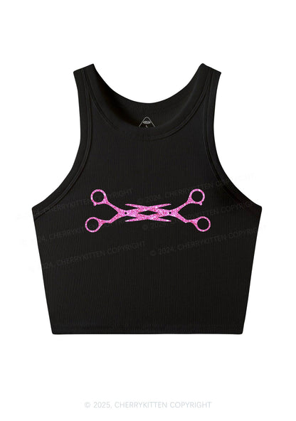 Glitter Pink Scissor Pride Y2K Crop Tank Top Cherrykitten