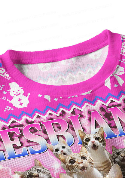 Lesbians Eat What Cat Pride Y2K Christmas Crop Knit Sweatshirt Cherrykitten