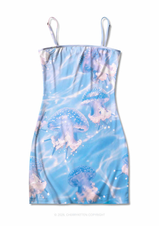 Blue Ocean Jellyfish Y2K Print Slip Dress Cherrykitten