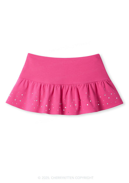 Plain Y2K Pink Ruffled Rhinestone Mini Skirt Cherrykitten