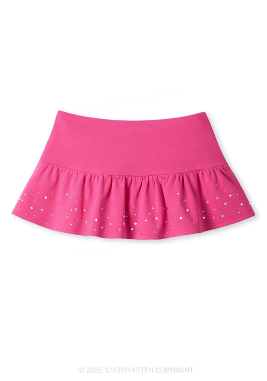 Plain Y2K Pink Ruffled Rhinestone Mini Skirt Cherrykitten