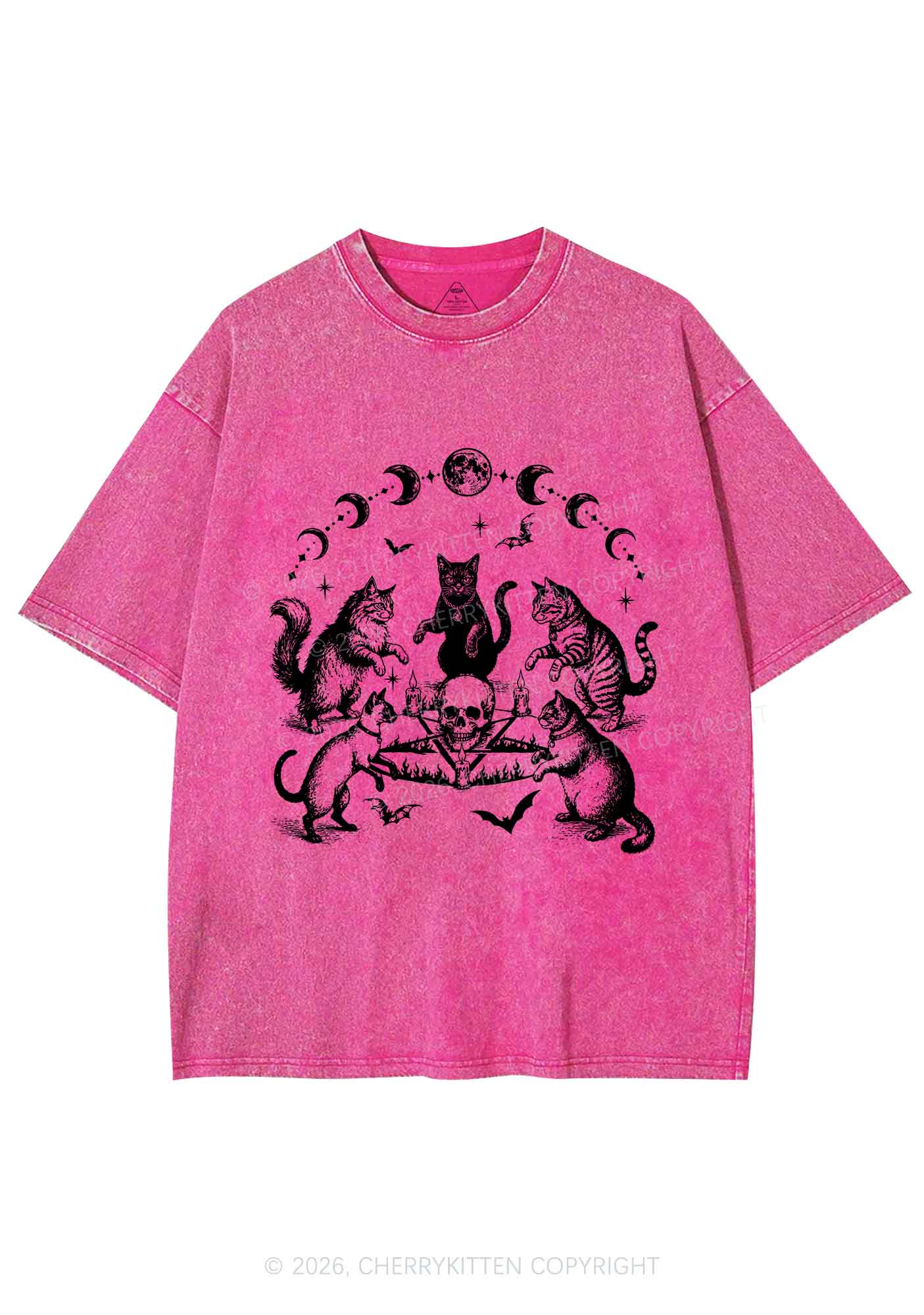Halloween Cats Moon Phase Skull Y2K Shirts Washed Tee Cherrykitten