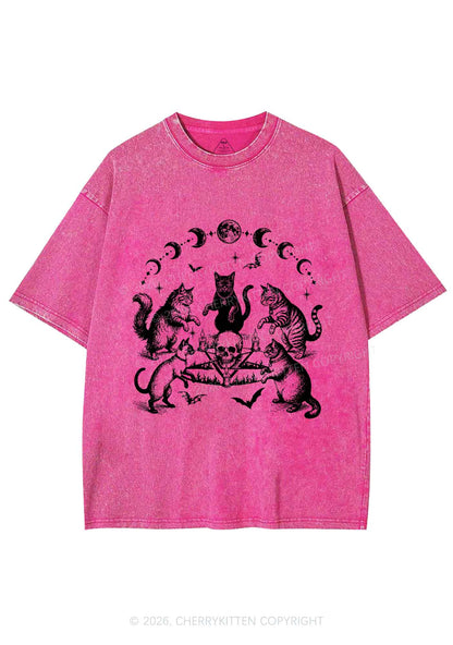 Halloween Cats Moon Phase Skull Y2K Shirts Washed Tee Cherrykitten