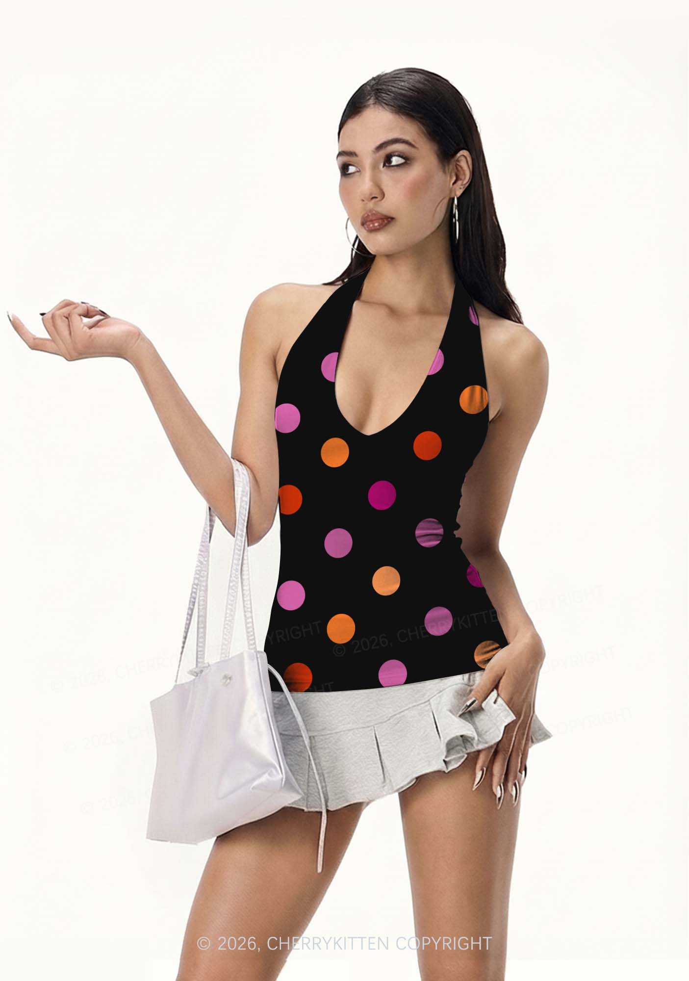 Lesbian Dots Pride Y2K Print Halter Deep V Neck Cami Cherrykitten