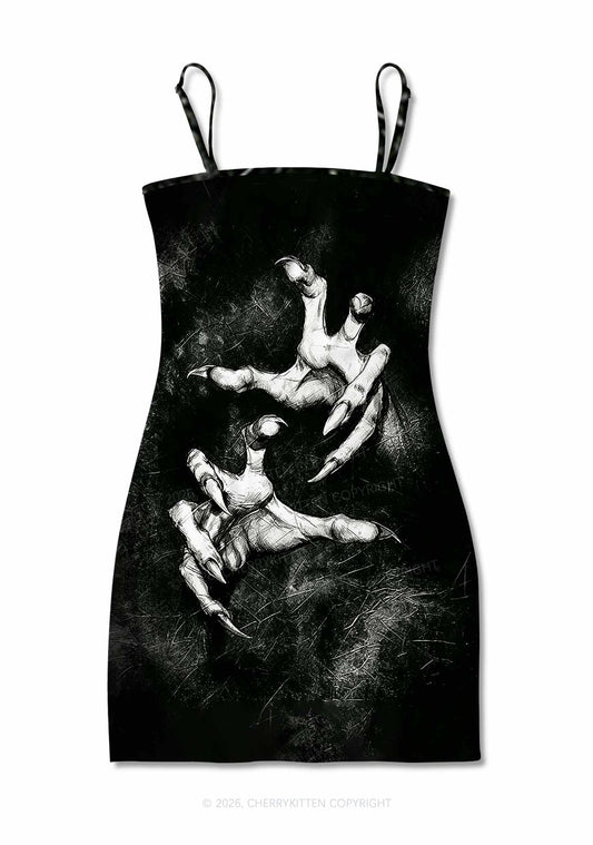 Halloween Black Demon Claws Y2K Print Slip Dress Cherrykitten