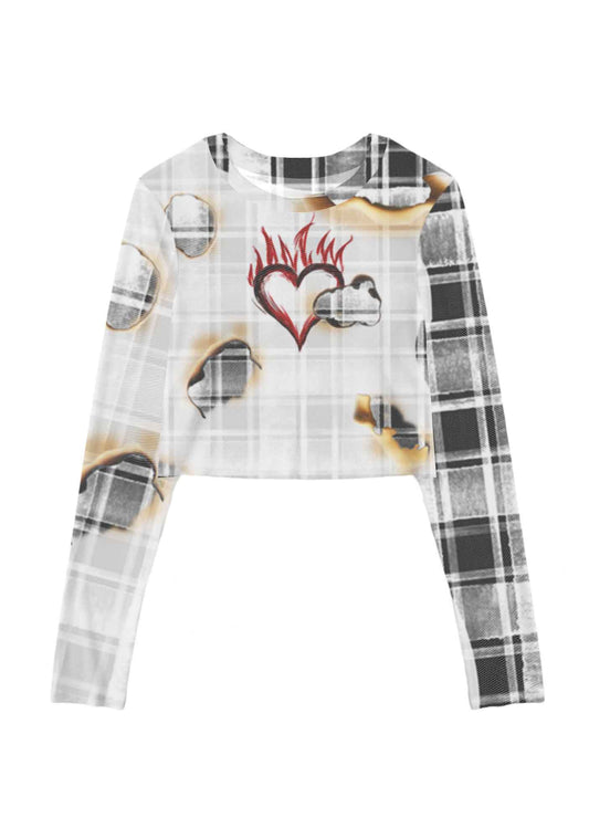 Scorched Love Heart Y2K Mesh Long Sleeve Crop Top Cherrykitten