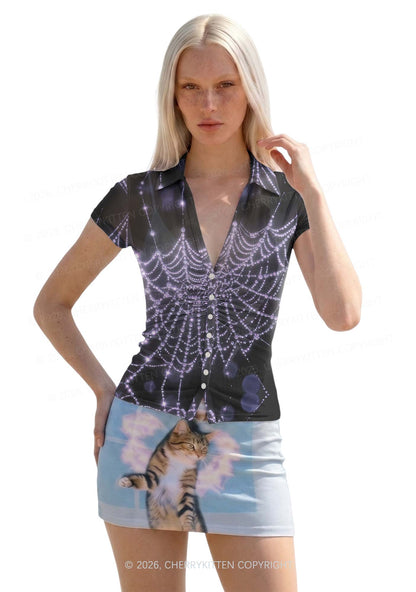 Glistening Spiderweb Y2K Mesh Ruched Waist V Neck Top Cherrykitten