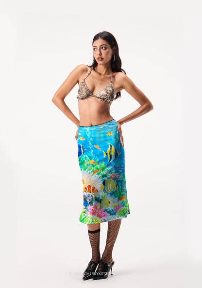 Ocean Fish Y2K Print Midi Skirt Cherrykitten