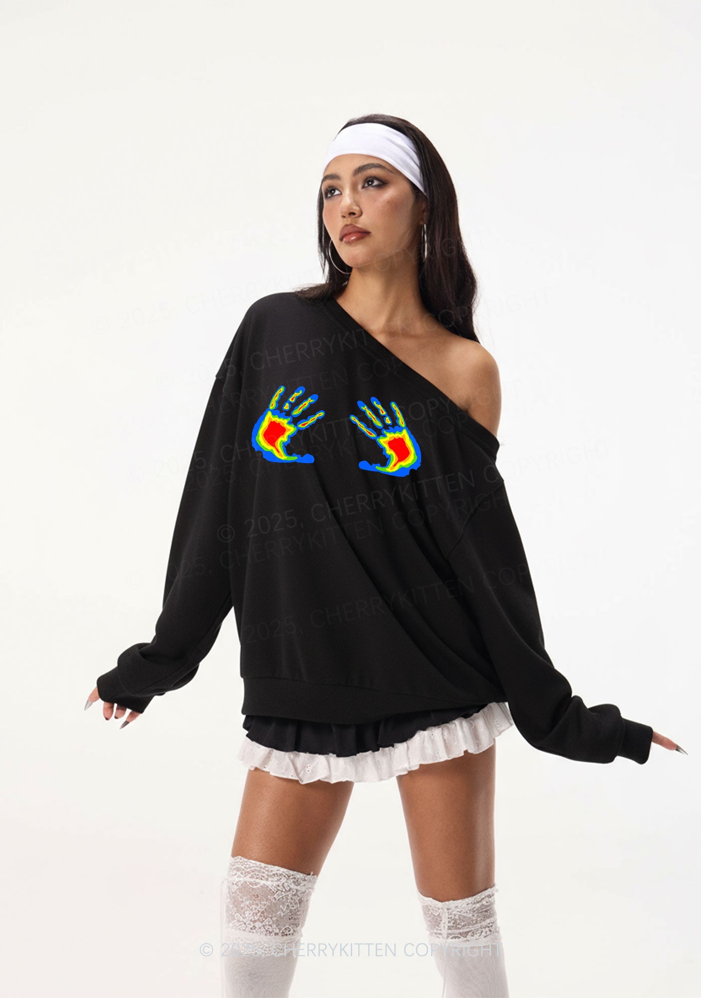 Thermal Hands Y2K Off Shoulder Sweatshirts Cherrykitten