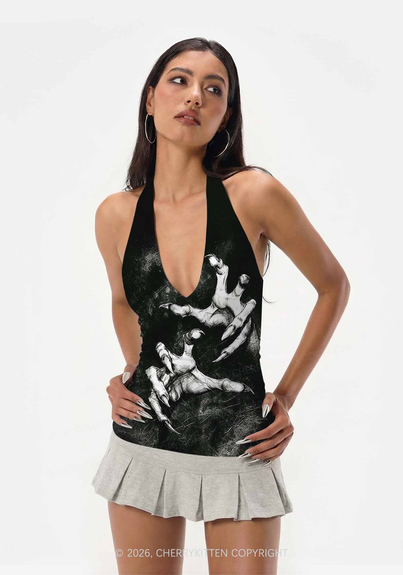 Halloween Black Demon Claws Y2K Print Halter Deep V Neck Cami Cherrykitten