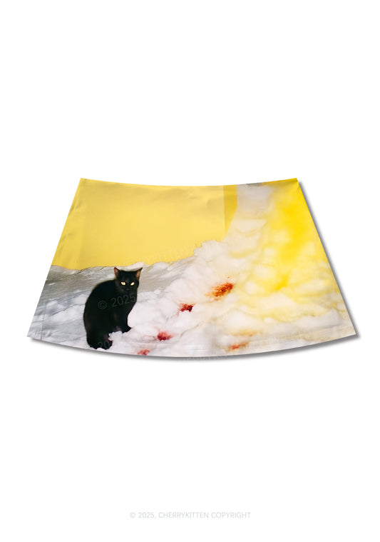 Snow Cat Y2K Print Mini Skirt Cherrykitten