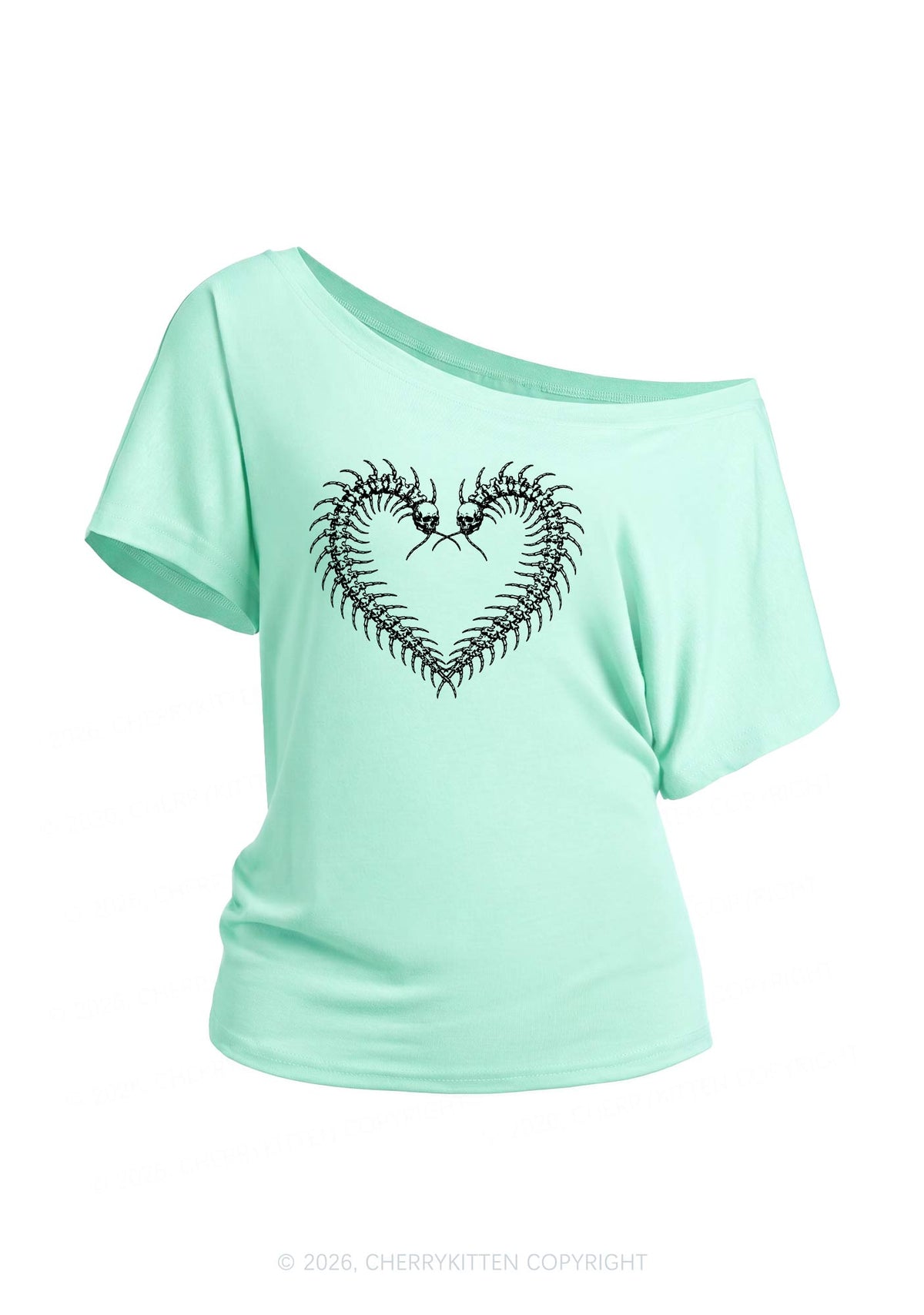 Halloween Centipede Heart Shape Y2K Off Shoulder Tee Cherrykitten