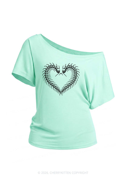 Halloween Centipede Heart Shape Y2K Off Shoulder Tee Cherrykitten