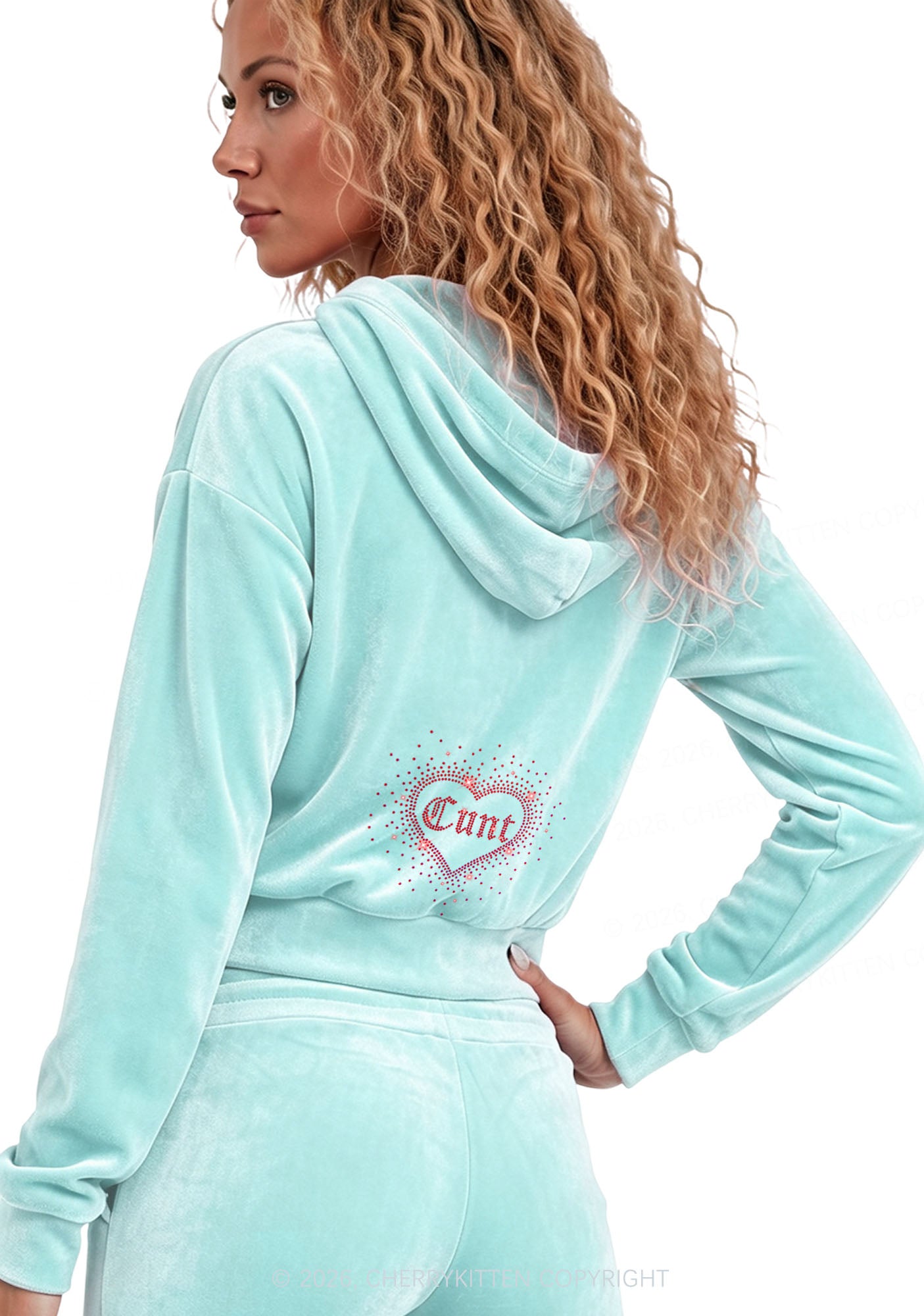 Rhinestone Love Cxxt Y2K Velvet Tracksuit Set Cherrykitten