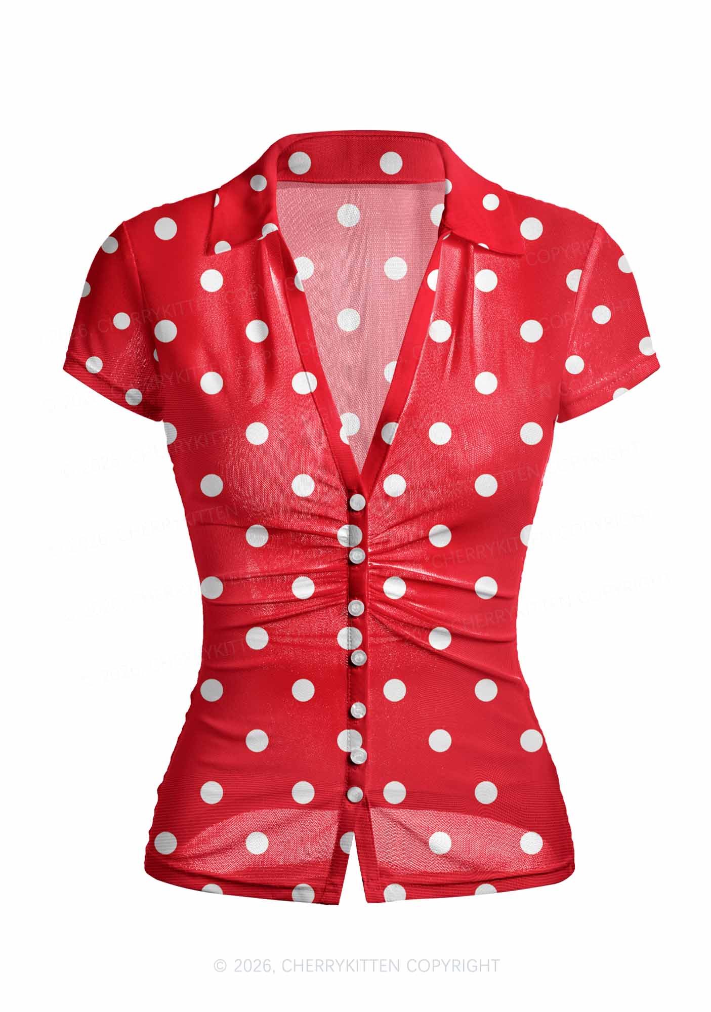 Classic Red Dots Y2K Mesh Ruched  Waist  V Neck Top Cherrykitten