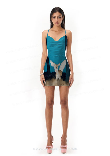 Winged Deer Y2K Print Satin Cowl Neck Slip Dress Cherrykitten