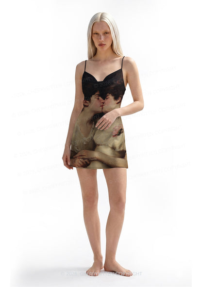 Vintage Women Kissing Pride Y2K Print Satin Cowl Neck Slip Dress Cherrykitten