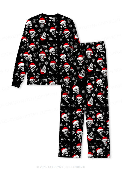 Skull Santa Y2K Print Long Sleeve Pajama Set Cherrykitten