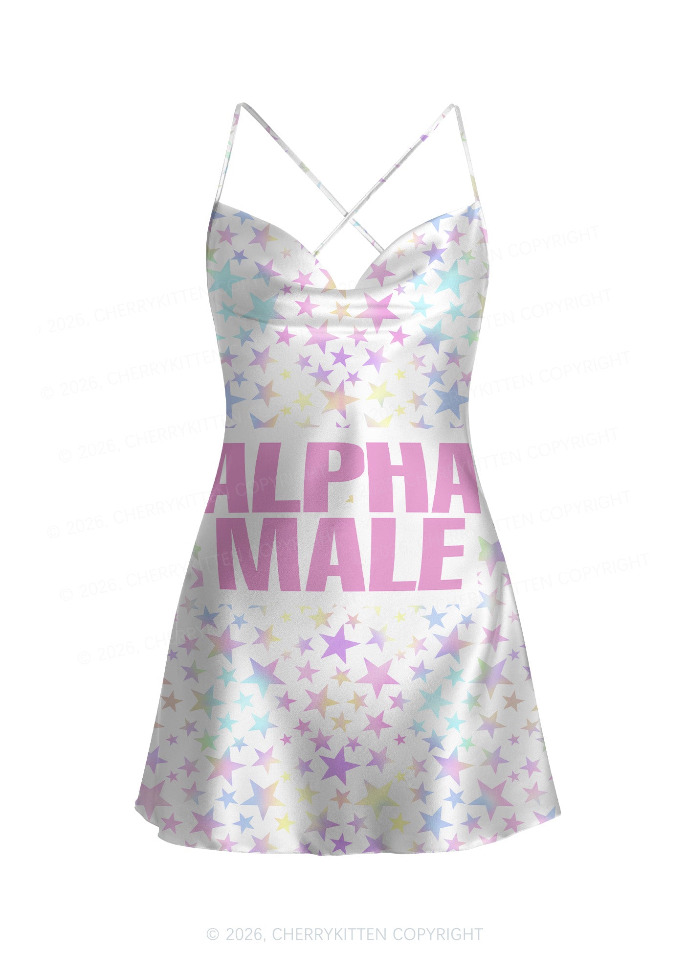Pastel Star Alpha Male Y2K Print Satin Cowl Neck Slip Dress Cherrykitten