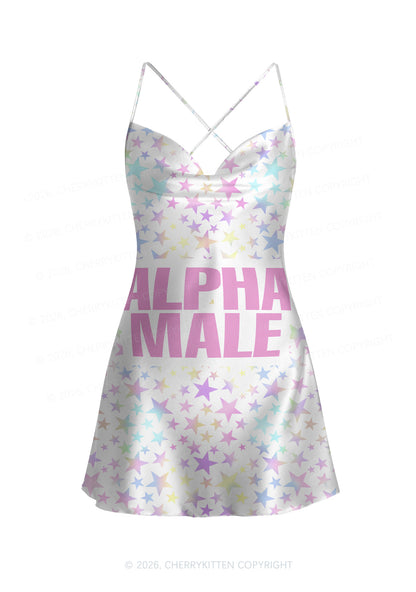 Pastel Star Alpha Male Y2K Print Satin Cowl Neck Slip Dress Cherrykitten